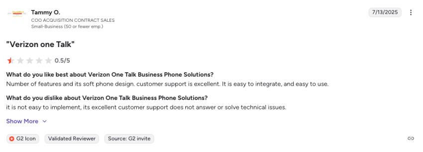 A COO at a small business gave Verizon One Talk 0.5 out of 5 stars on G2 saying customer support does not respond to or resolve technical issues.