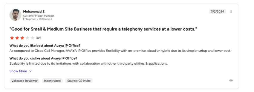 Avaya review from user dislikes that scalability is limited