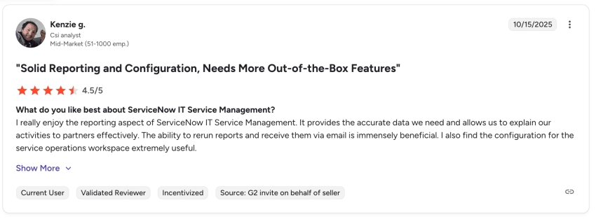 ServiceNow strengths - user review on G2