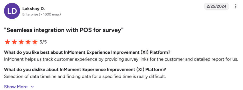 5-star review on G2 for InMoment