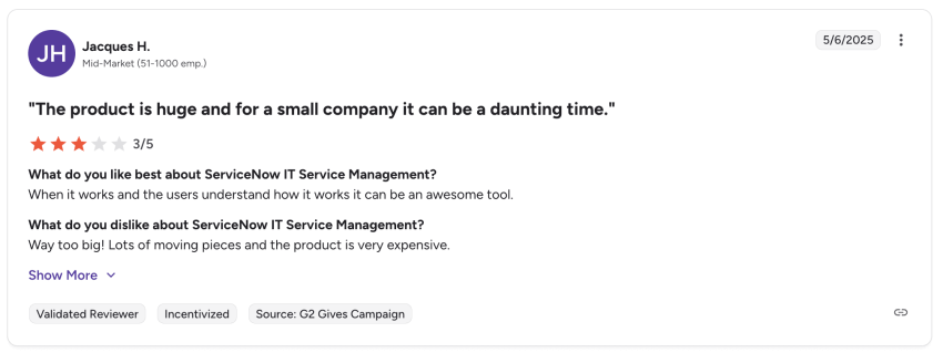 ServiceNow weaknesses - user review on G2