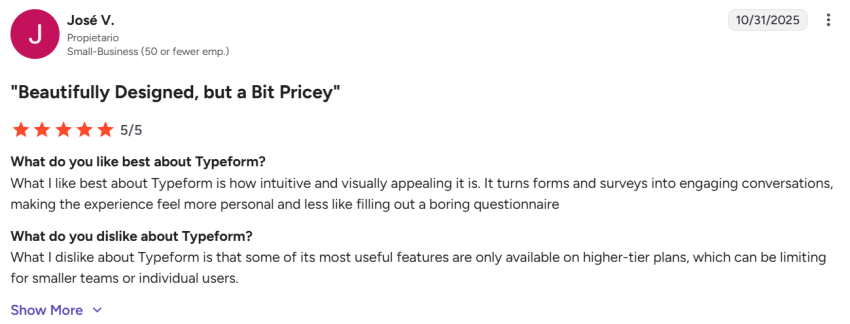 5-star G2 review of Typeform