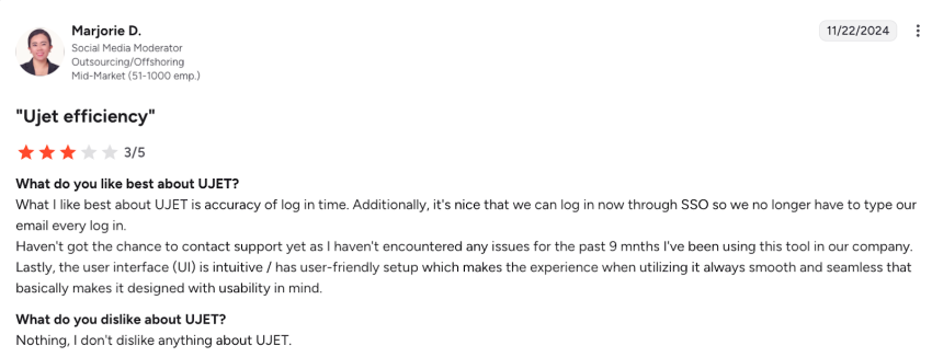 Positive G2 user review about UJET