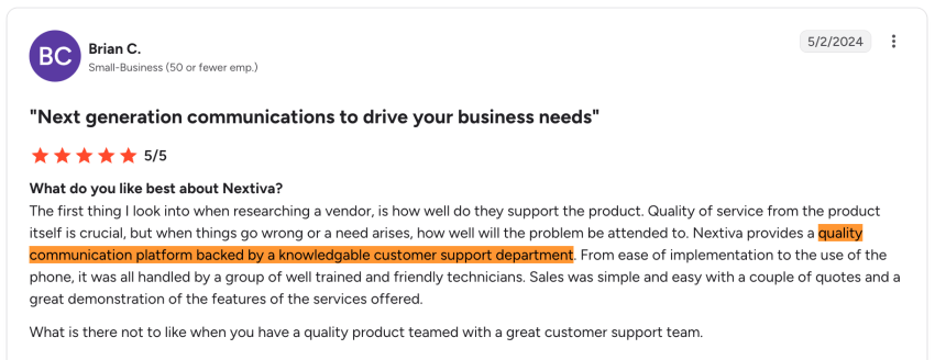 5-star customer review on G2 of Nextiva: Nextiva provides a quality communication platform backed by a knowledgable customer support department