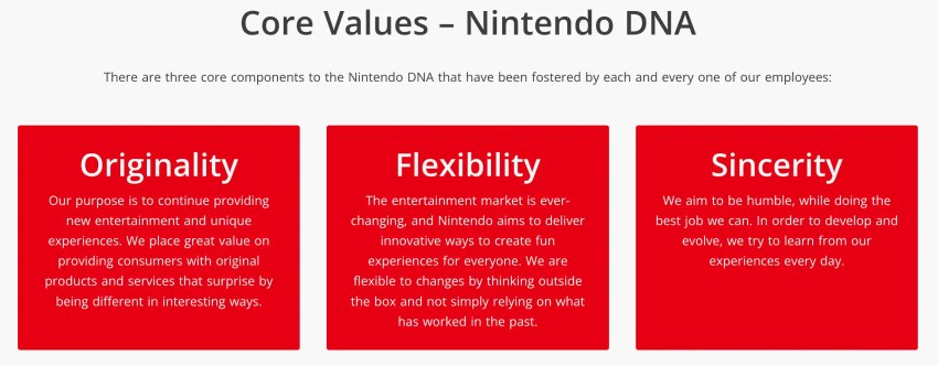Nintendo's three core values, known as Nintendo DNA: originality, flexibility, and sincerity