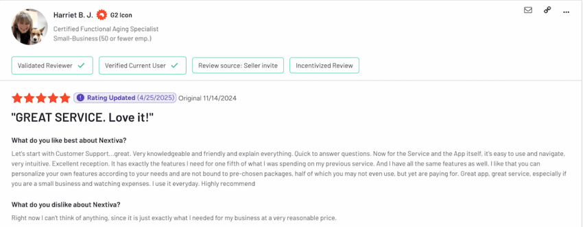 Nextiva G2 customer review