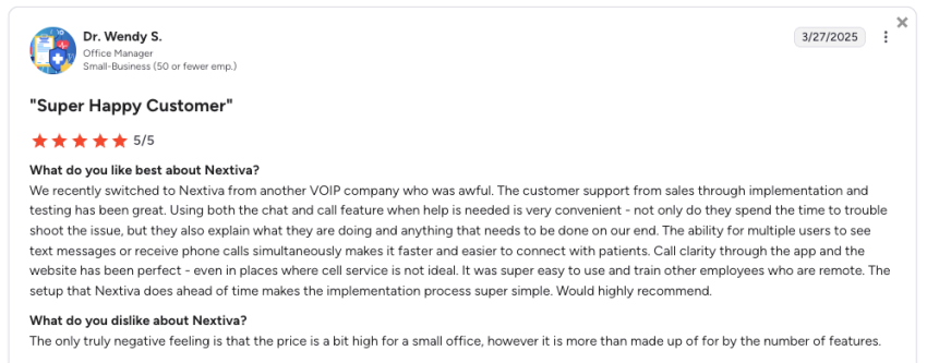 Nextiva customer review on G2