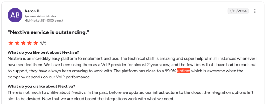 5-star customer review on G2 of Nextiva: Nextiva service is outstanding and specifically points out the awesome 99.999% uptime