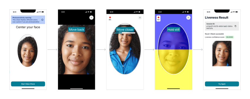 Amazon Rekognition Face Liveness helps you verify that a user going through facial verification is physically present in front of a camera. This graphic demonstrates the user flow, from instructions to liveness check to returned result.