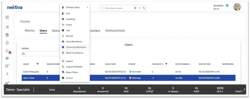 Screenshot showing Nextiva users page