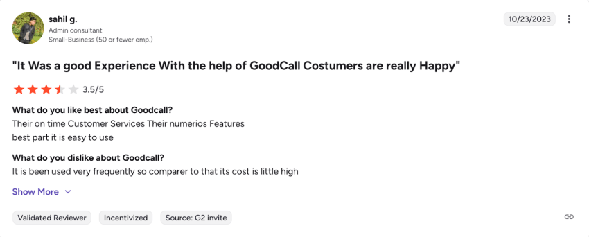 3.5-star G2 user review of Goodcall