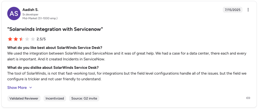 G2 user review - SolarWinds