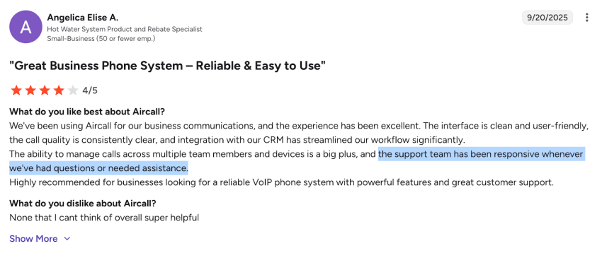 Aircall user review on G2 - great business phone system, reliable and easy to use