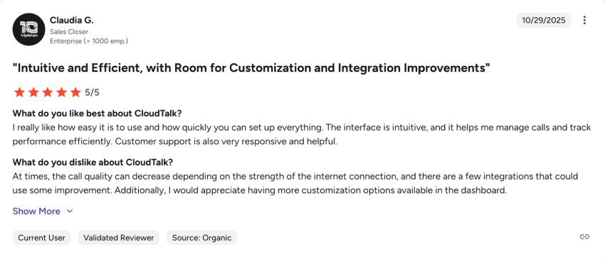 5-star G2 user review of CloudTalk, saying that it is intuitive and efficient