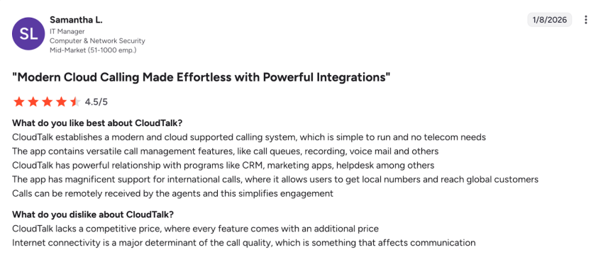 4.5/5-star user review of CloudTalk on G2: cloud calling made effortless with powerful integrations