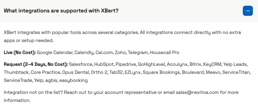 Screenshot of page: What integrations are supported with XBert?
