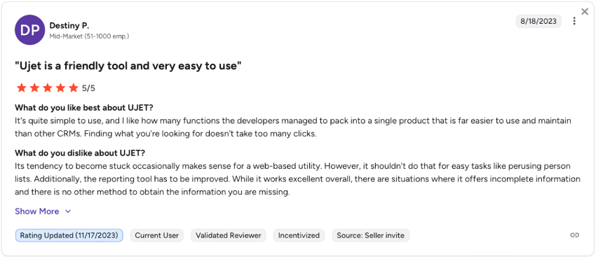 G2 user review says UJET is easy to use but their advanced analytics are limited