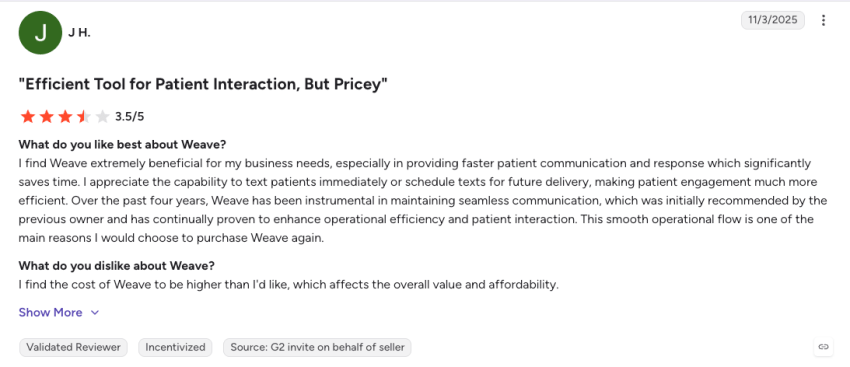 3.5-star customer review of Weave on G2 saying "Efficient tool for patient interaction, but pricey."