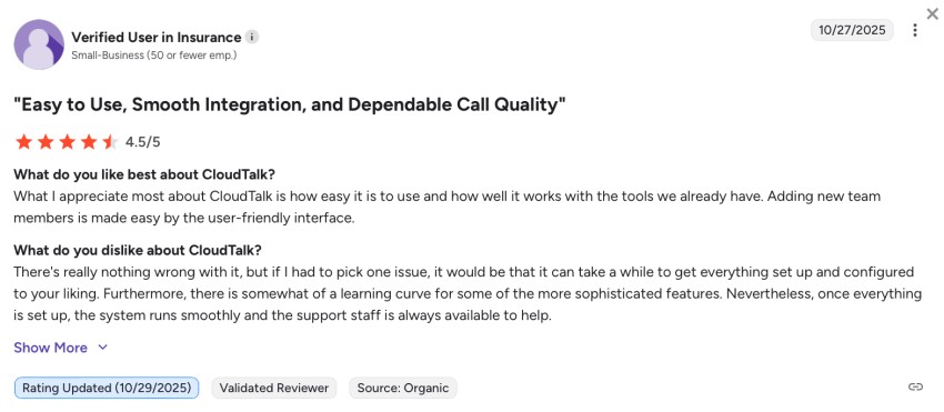 4.5-star user review of CloudTalk on G2: easy to use, smooth integration and dependable call quality