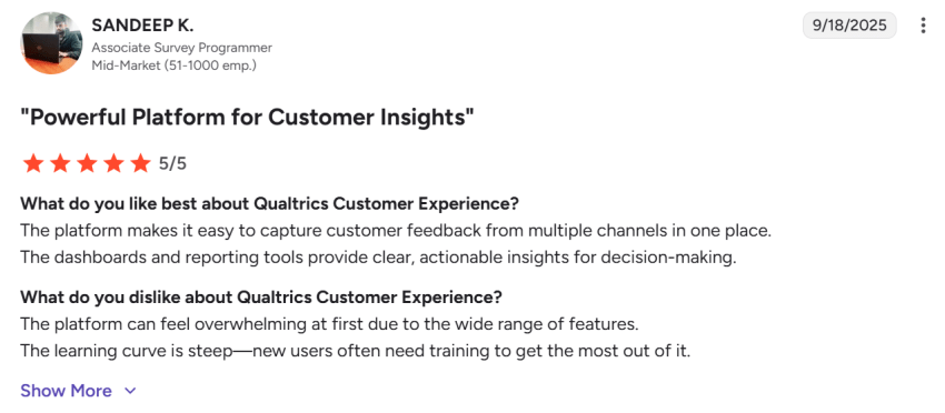 5-star review on G2 for Qualtrics