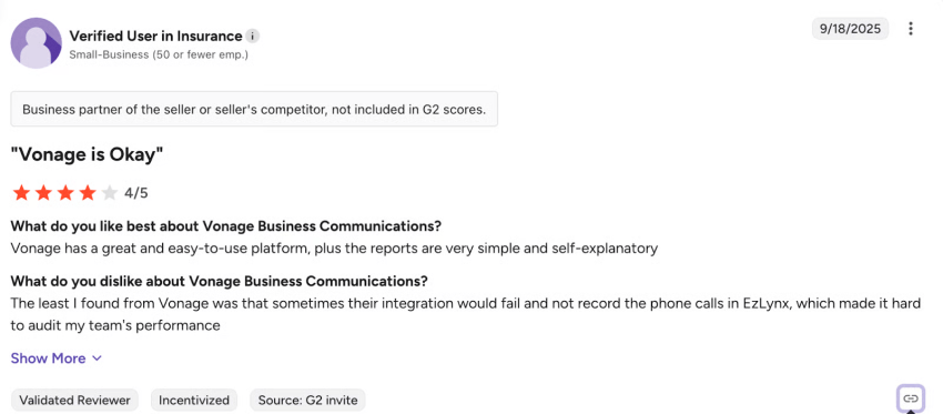 4/5 star Vonage customer review on G2: Vonage is okay