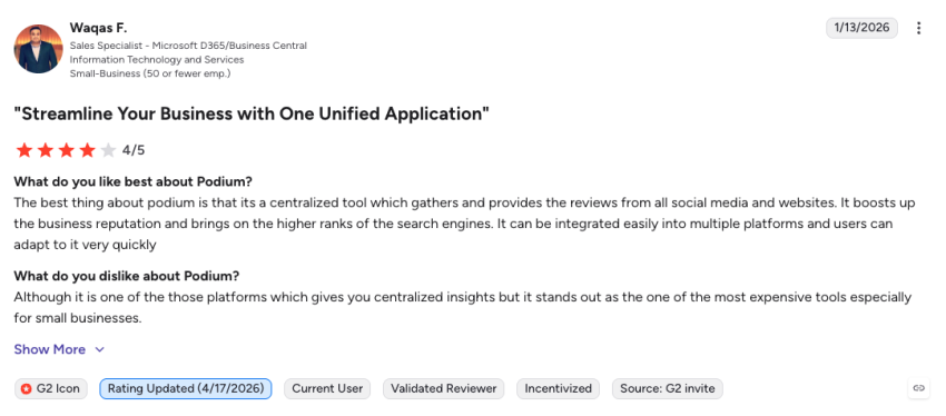 4-star customer review of Podium on G2: Although it gives you centralized insights, it stands out as one of the most expensive tools for small businesses