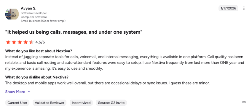 4.5/5-star user review of Nextiva on G2: Nextiva helped us bring calls messages into one platform
