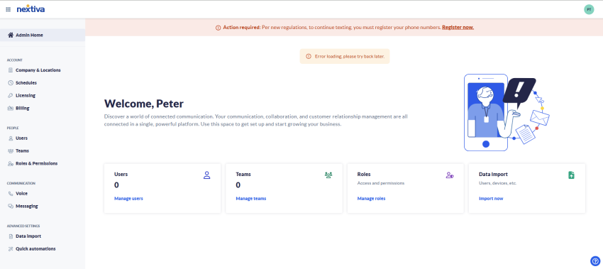 Screenshot of Admin Home page in Nextiva Message Pro