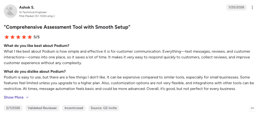 5-star customer review of Weave on G2 saying "Comprehensive assessment tool with smooth setup."