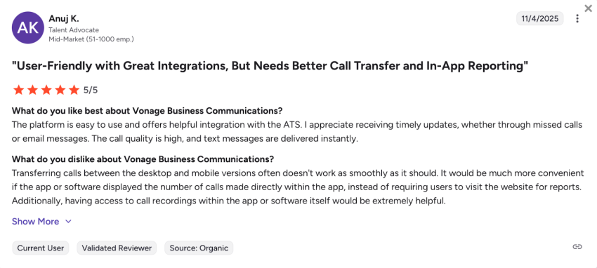 Vonage user review on G2: user-friendly and great integrations, but needs better call transferring and in-app reporting
