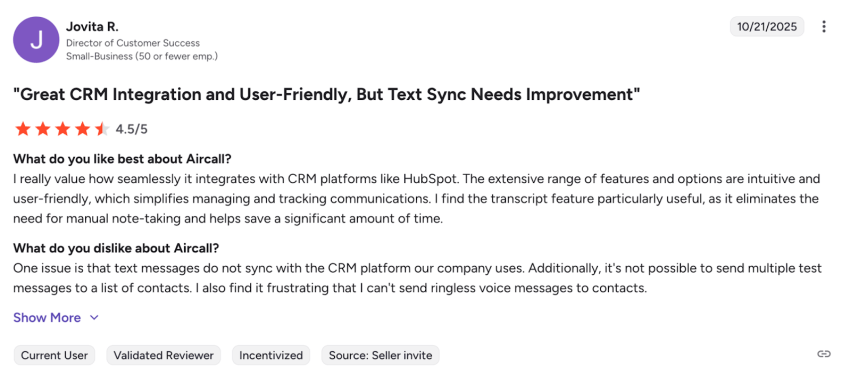 Aircall user review on G2 - great CRM integration and user friendly, but text sync needs improvement