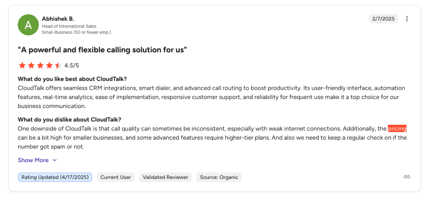 4.5-star user review of CloudTalk on G2: a flexible calling solution, but call quality sometimes inconsistent