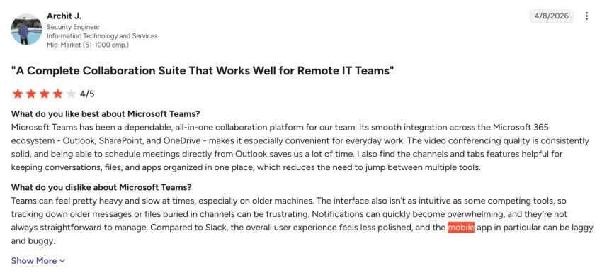 4-star review of Microsoft Teams on G2: A complete collaboration suite that works well for remote IT teams