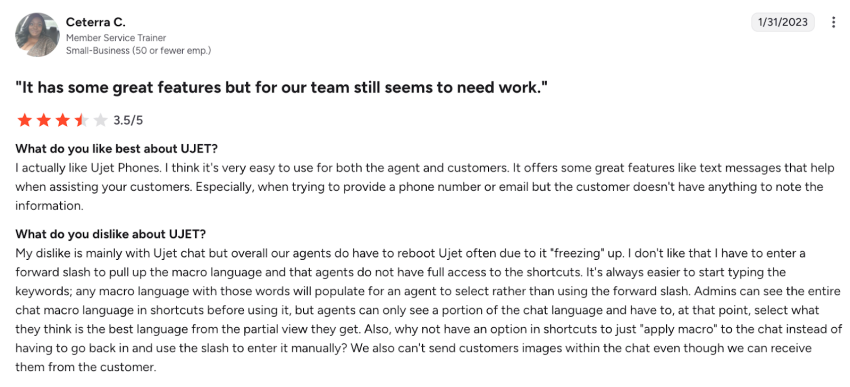 G2 user review says UJET has some great features but still needs some work