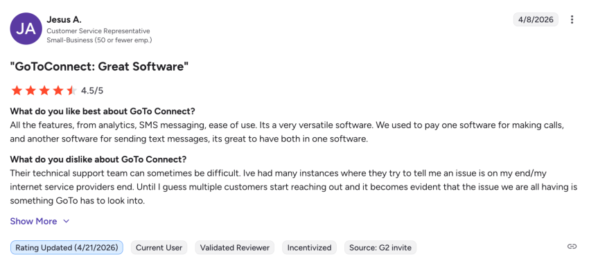 4.5-star review of GoToConnect on G2: Great software