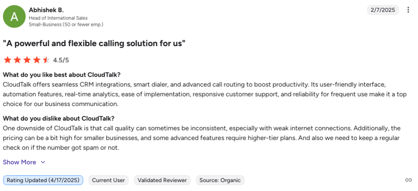4.5-star user review of CloudTalk on G2: flexible calling solution, but call quality can sometimes be inconsistent