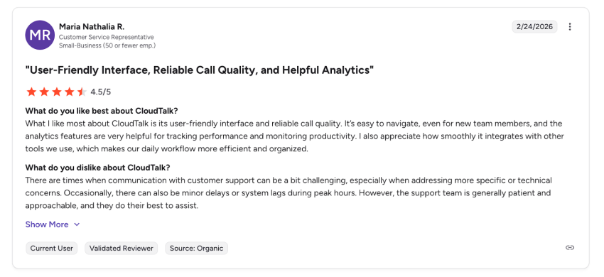 4.5/5-star user review of CloudTalk on G2: user-friendly, reliable call quality, helpful analytics