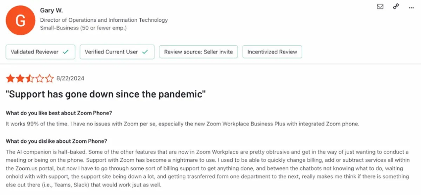 2.5/5 star Zoom Phone customer review on G2: Support has gone down since the pandemic