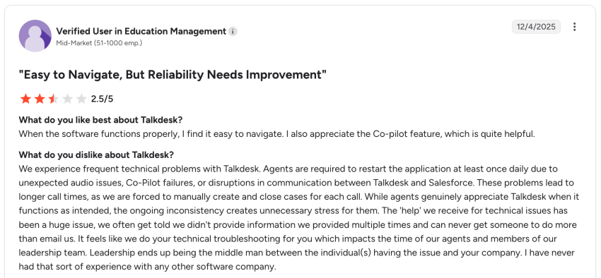 2.5-star customer review on G2 of Talkdesk: Easy to navigate, but reliability needs improvement
