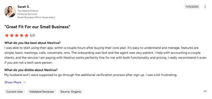 5-star G2 user review of Nextiva saying it