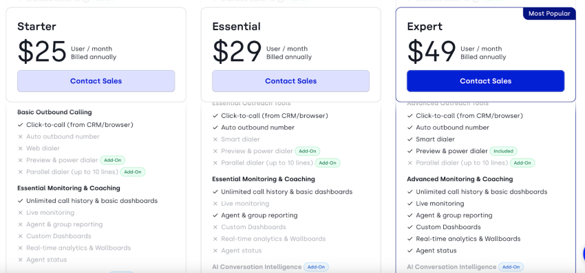 Cloudtalk pricing plans: Starter $25, Essential $29, Expert $49
