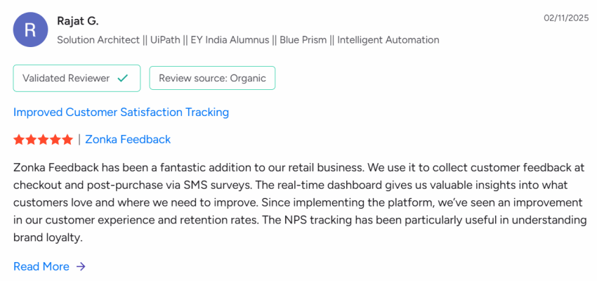 5-star G2 review of Zonka Feedback