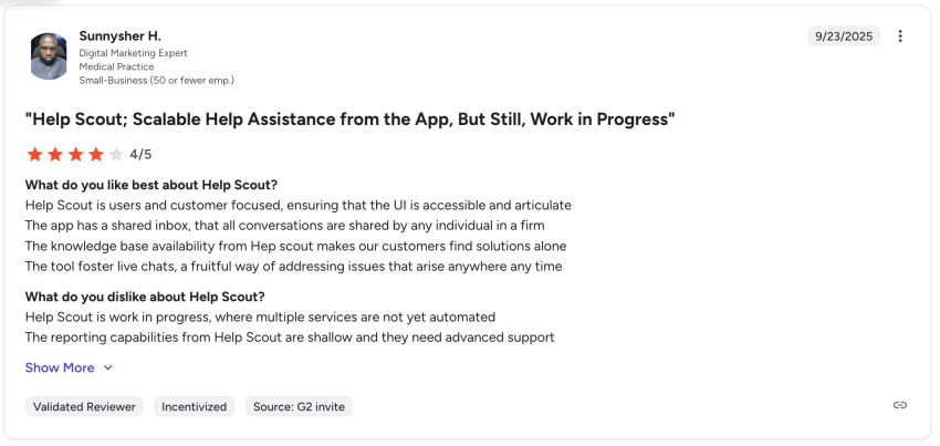 G2 user review - Help Scout