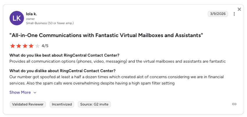 RingCentral user review on G2