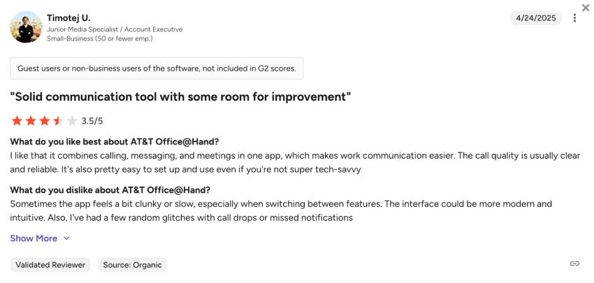 AT&T Office@Hand user review on G2 says it