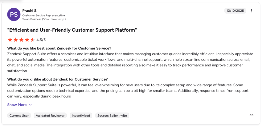 G2 user review - Zendesk