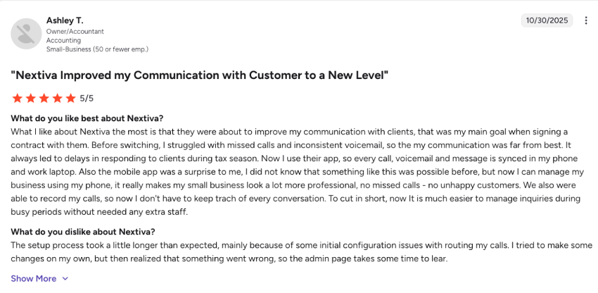 5-star user review about Nextiva on G2 saying "Nextiva improved my communication with customer to a new level"