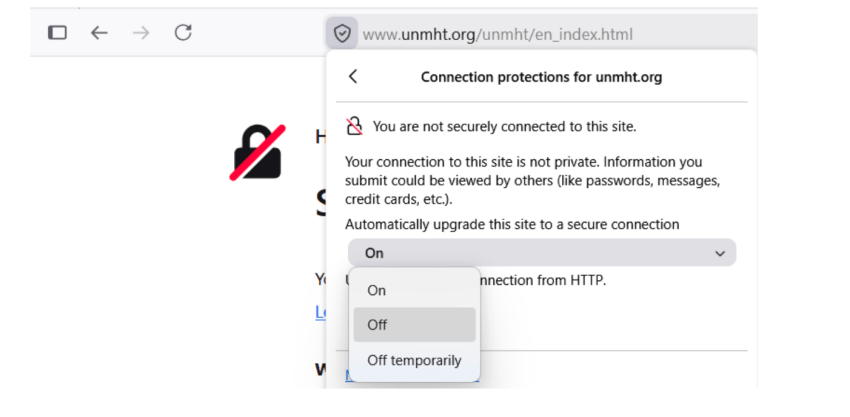 Screenshot of webpage message "Connection protections for unmht.org"