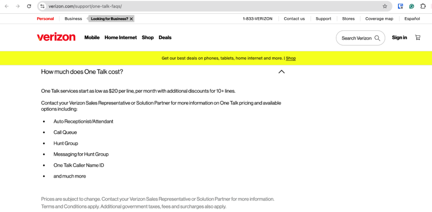 Screenshot of Verizon