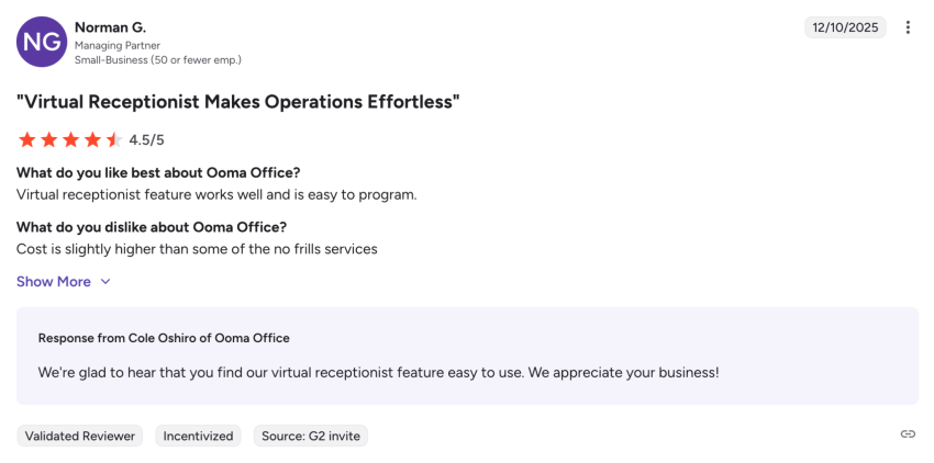 4.5-star Ooma user review on G2: "Virtual receptionist makes operations effortless"